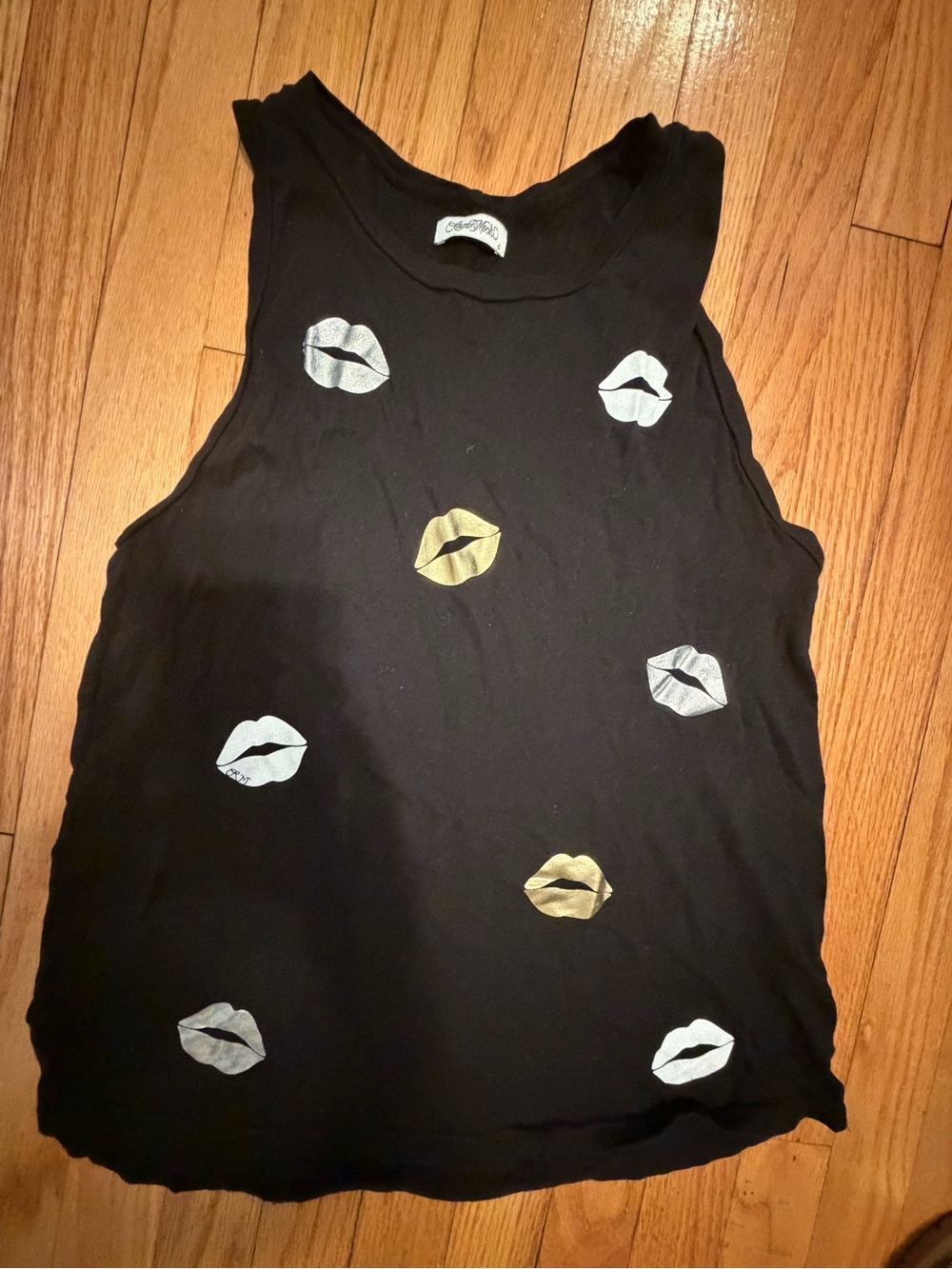 Lauren Moshi Black Tank with Metallic Gold & Silver Lip Prints
